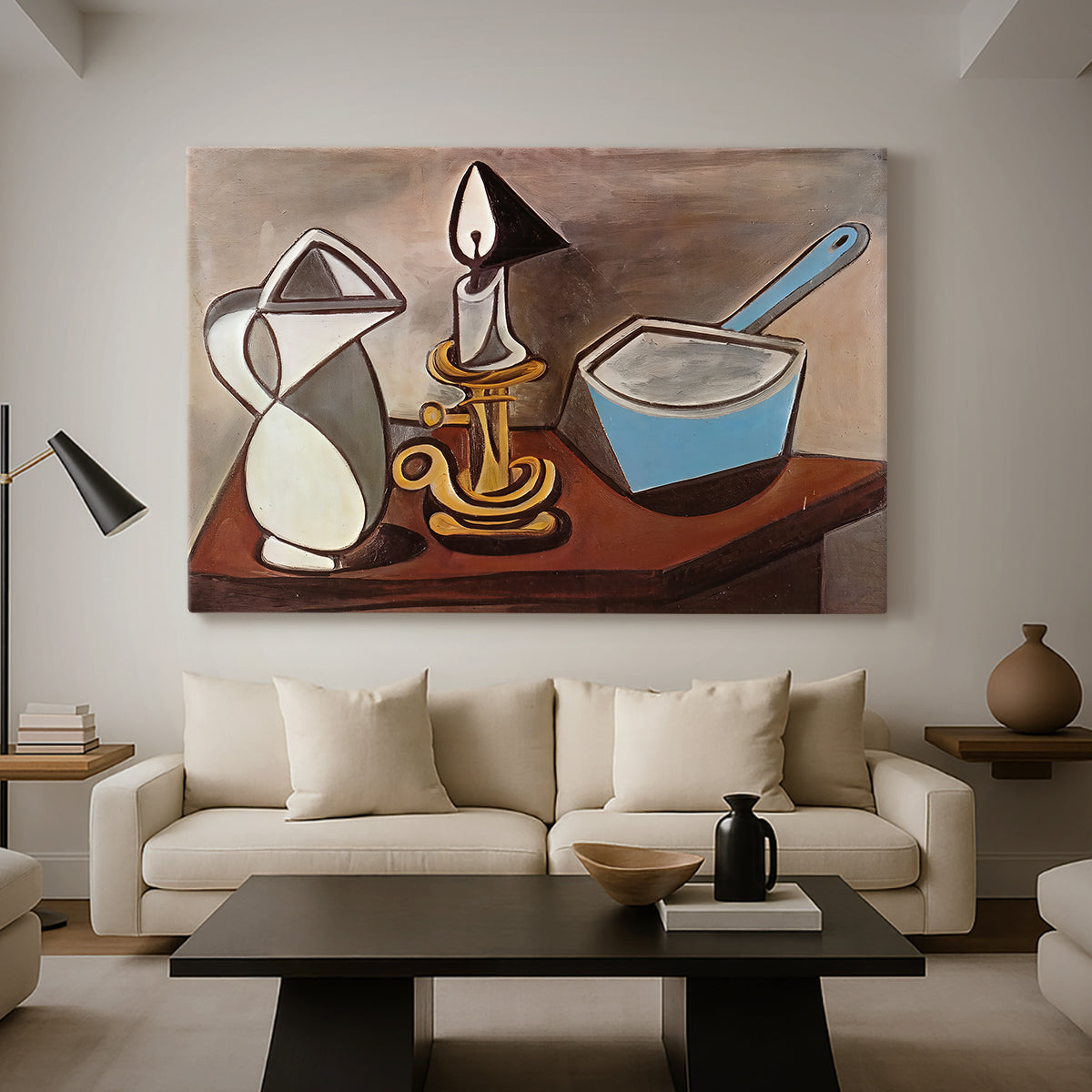 Canvas art print featuring an expressive arrangement of items, displayed in a spacious living room