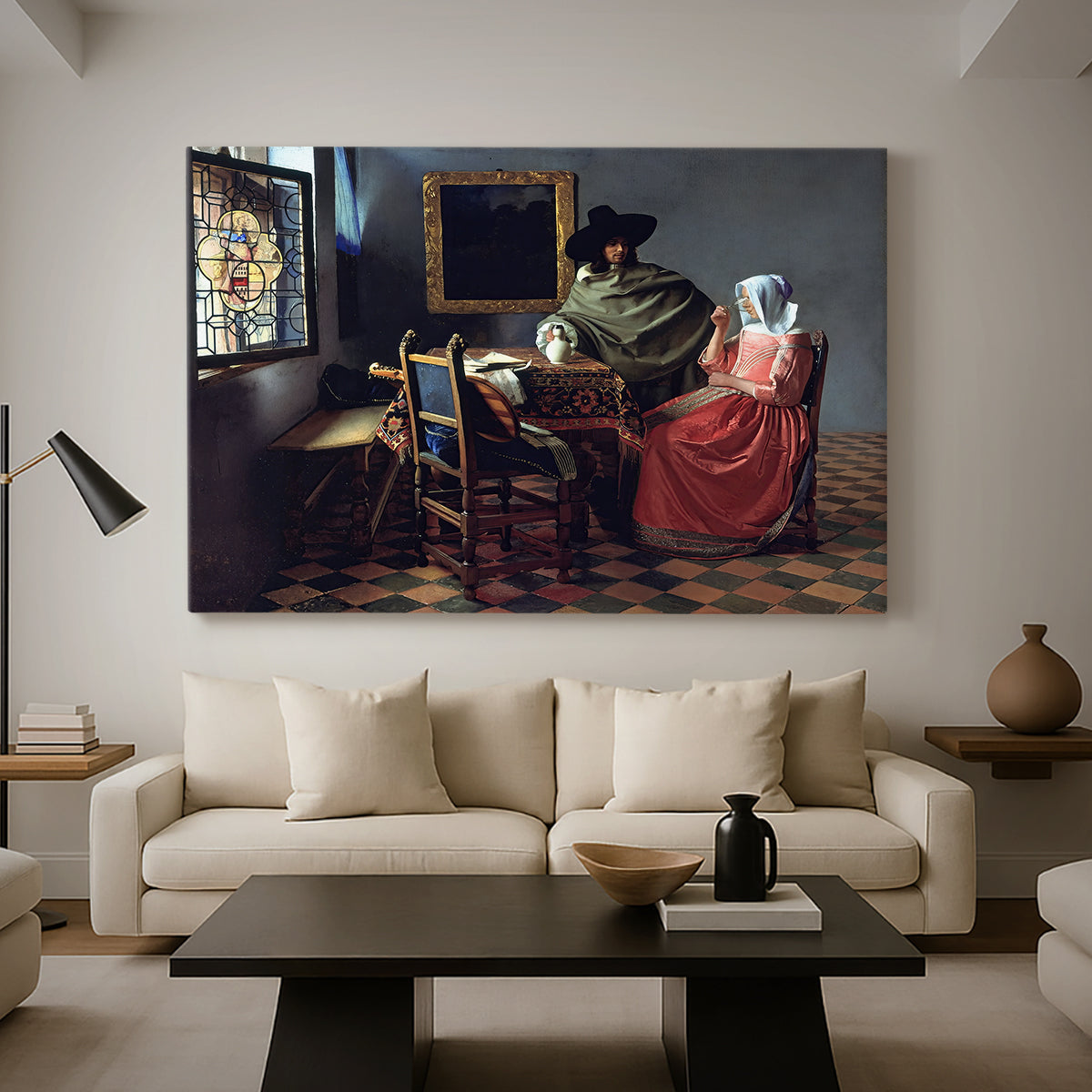 Canvas art print featuring a Baroque interior with social interaction, displayed in a spacious living room