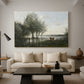 Canvas art print featuring a muted landscape with waterlogged terrain and trees, displayed in a spacious living room