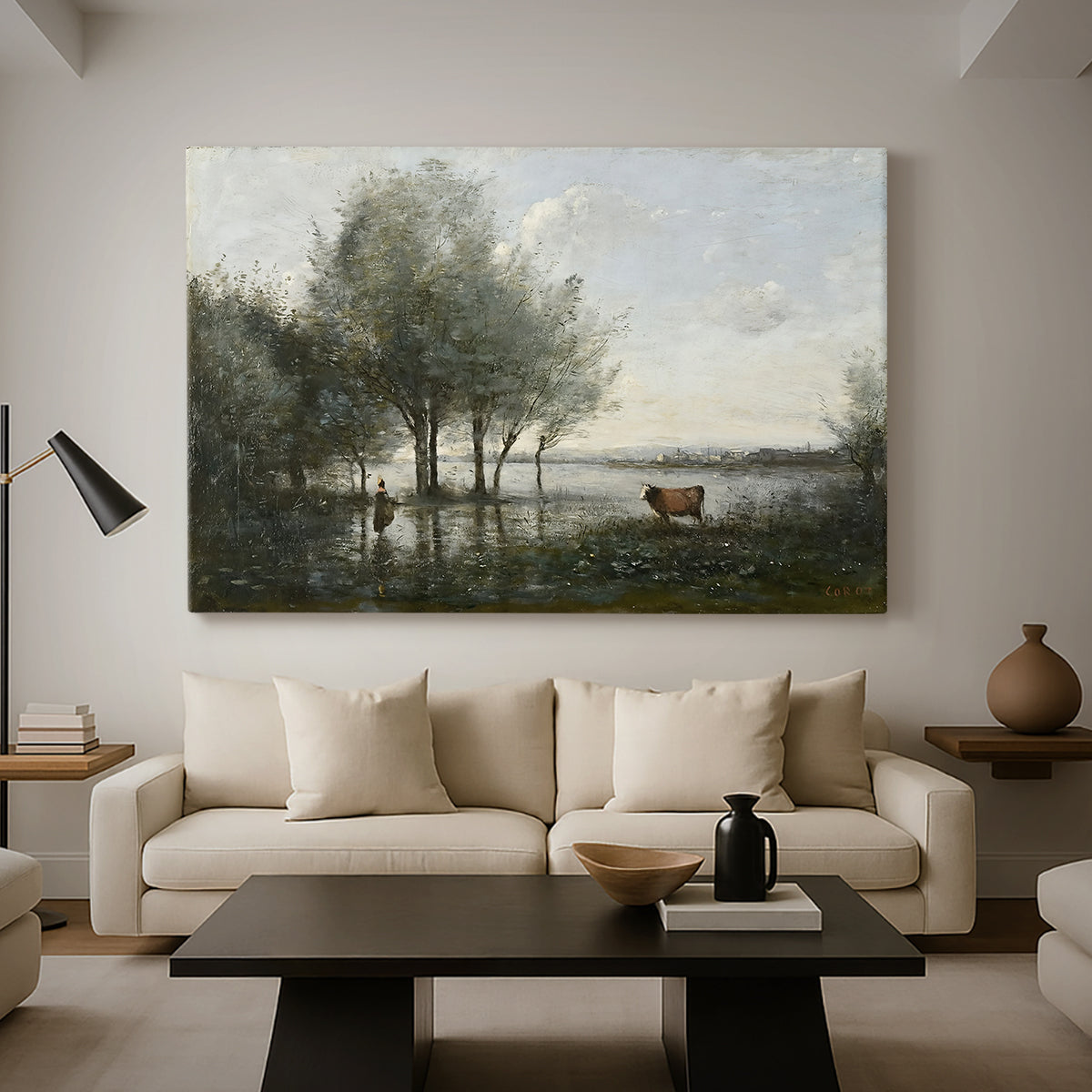 Canvas art print featuring a muted landscape with waterlogged terrain and trees, displayed in a spacious living room