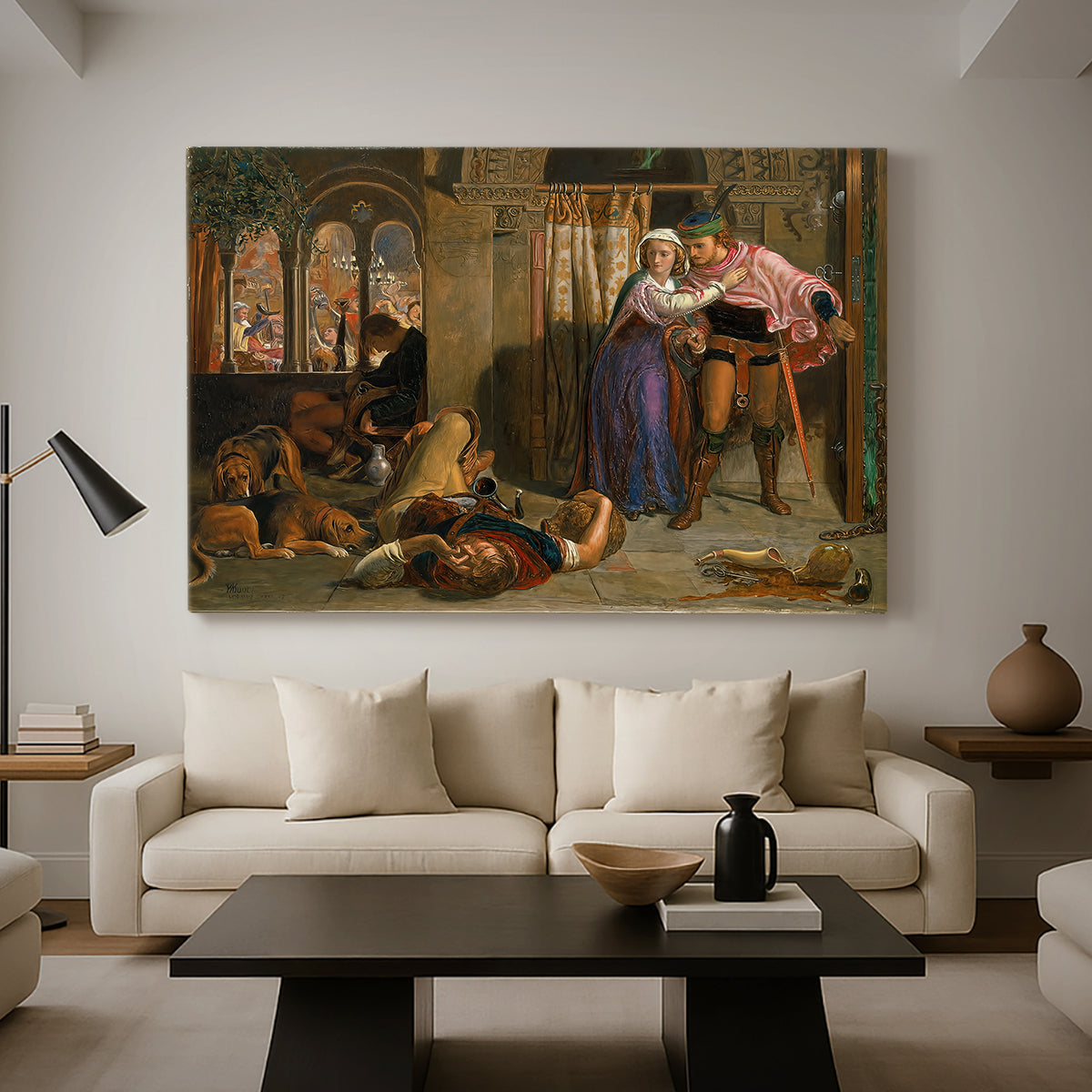 Canvas art print featuring an interior composition with two figures in motion among decorative surroundings, displayed in a spacious living room