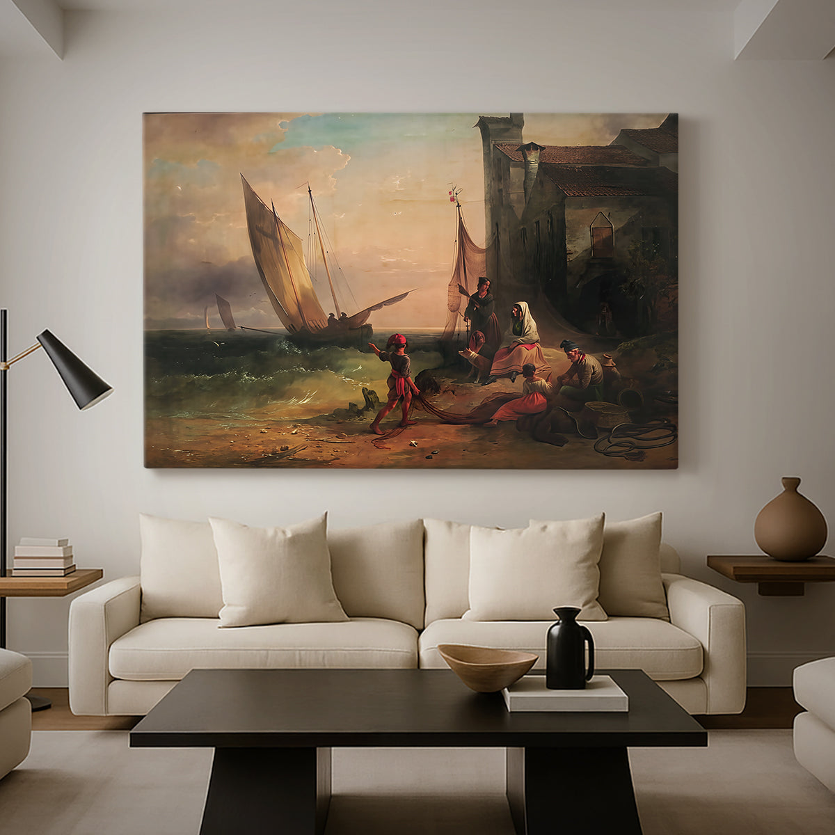 Canvas art print featuring a realistic depiction of figures in fishing environment, displayed in a spacious living room