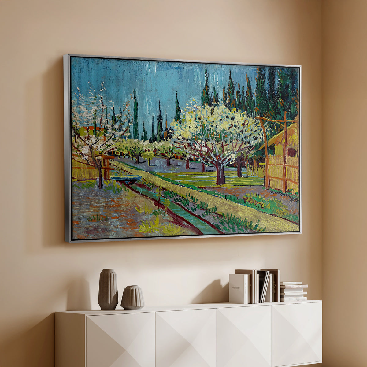 Orchard in Blossom, Bordered by Cypresses, 1888 - Floater Framed Canvas Print