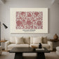 Canvas art print featuring a patterned composition with repeating shapes and stylized flowers, displayed in a spacious living room