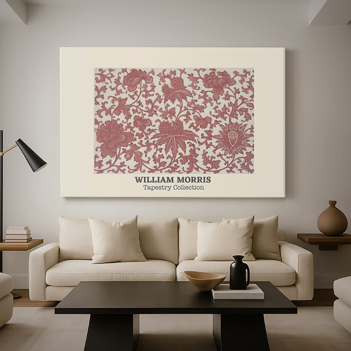 Canvas art print featuring a patterned composition with repeating shapes and stylized flowers, displayed in a spacious living room