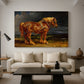 Canvas art print featuring a realistic depiction of working horse in natural terrain, displayed in a spacious living room
