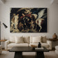 Canvas art print featuring an expressive narrative scene with multiple figures and symbolism, displayed in a spacious living room