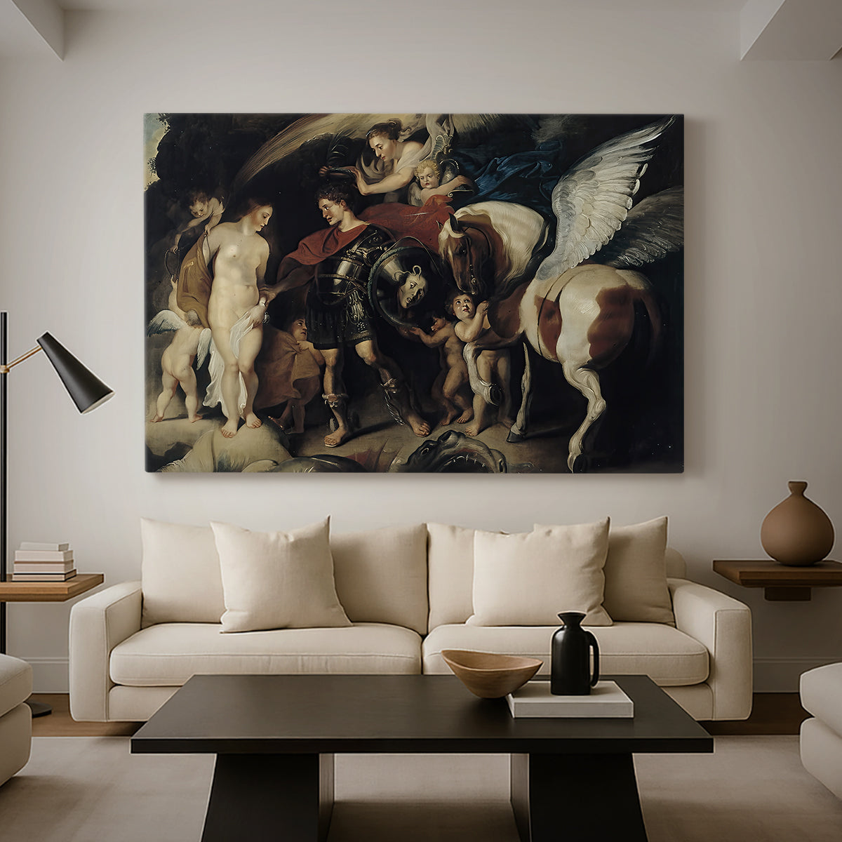 Canvas art print featuring an expressive narrative scene with multiple figures and symbolism, displayed in a spacious living room