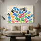Canvas art print featuring an expressive abstract design of shapes, displayed in a spacious living room