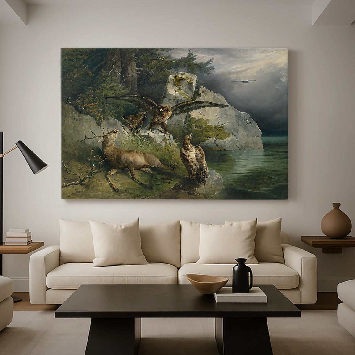 Canvas art print featuring a realistic depiction of animals in intense moment near water, displayed in a spacious living room