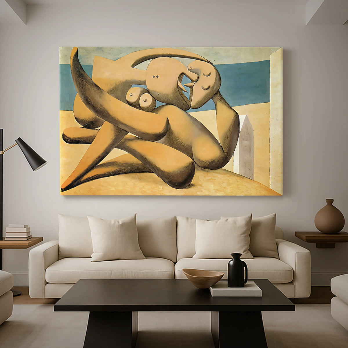 Canvas art print featuring a geometric interpretation of figures in coastal setting, displayed in a spacious living room