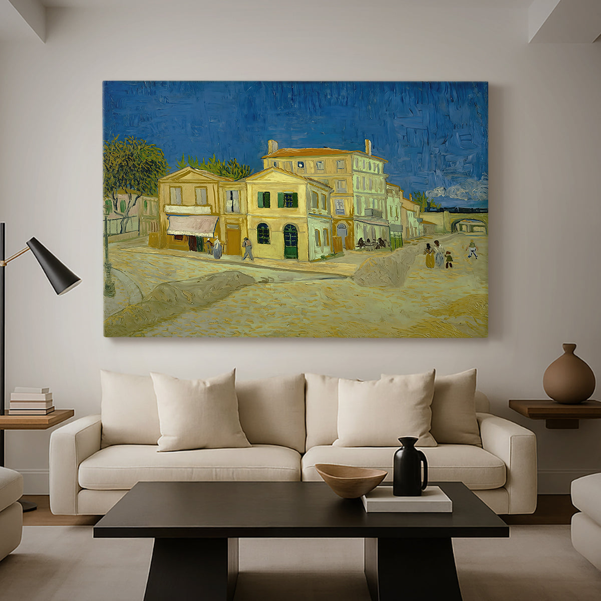 Canvas art print featuring an architectural composition featuring corner house and street, displayed in a spacious living room