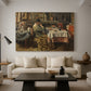 Canvas art print featuring a rustic interior with people eating together at table, displayed in a spacious living room