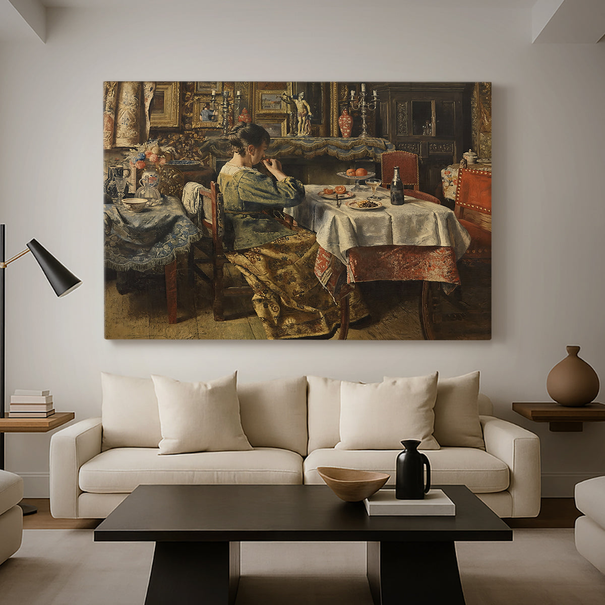 Canvas art print featuring a rustic interior with people eating together at table, displayed in a spacious living room
