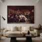 Canvas art print featuring a traditional funeral gathering with figures eating and conversing in hall, displayed in a spacious living room