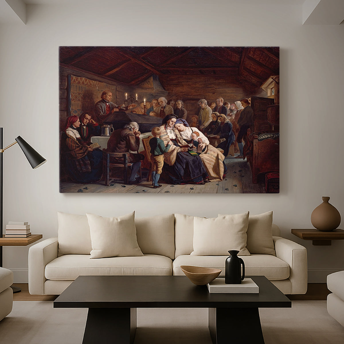 Canvas art print featuring a traditional funeral gathering with figures eating and conversing in hall, displayed in a spacious living room
