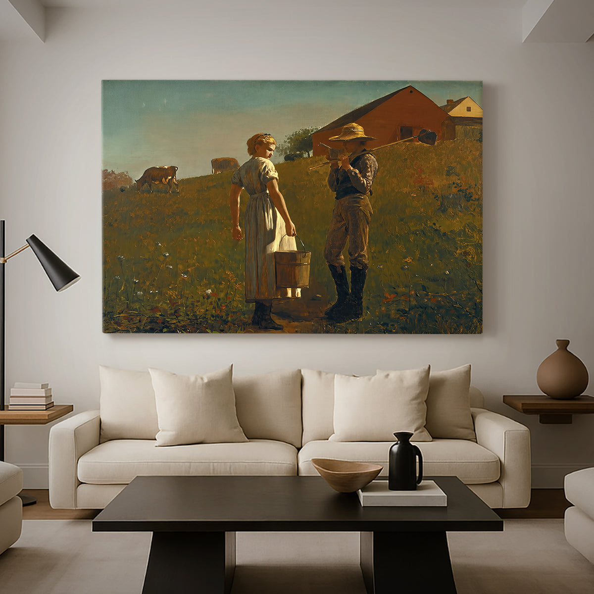 Canvas art print featuring a countryside composition with figures positioned near simple structure, displayed in a spacious living room