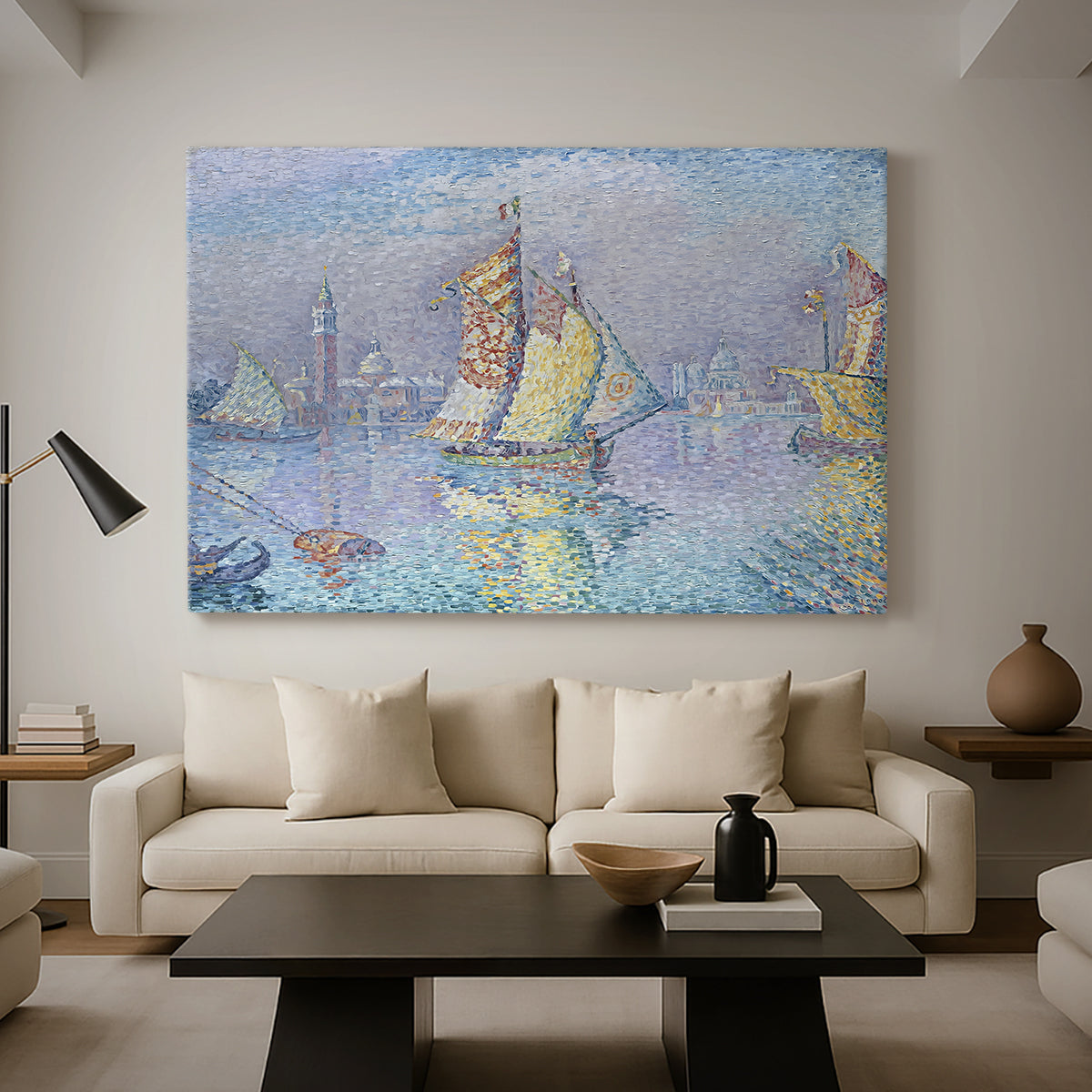 Canvas art print featuring a pointillist vessel composition, displayed in a spacious living room