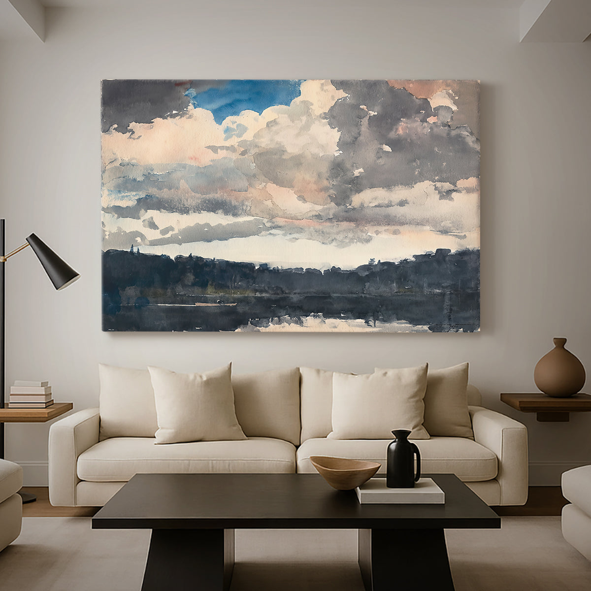 Canvas art print featuring a calm lake composition with trees reflected in water, displayed in a spacious living room