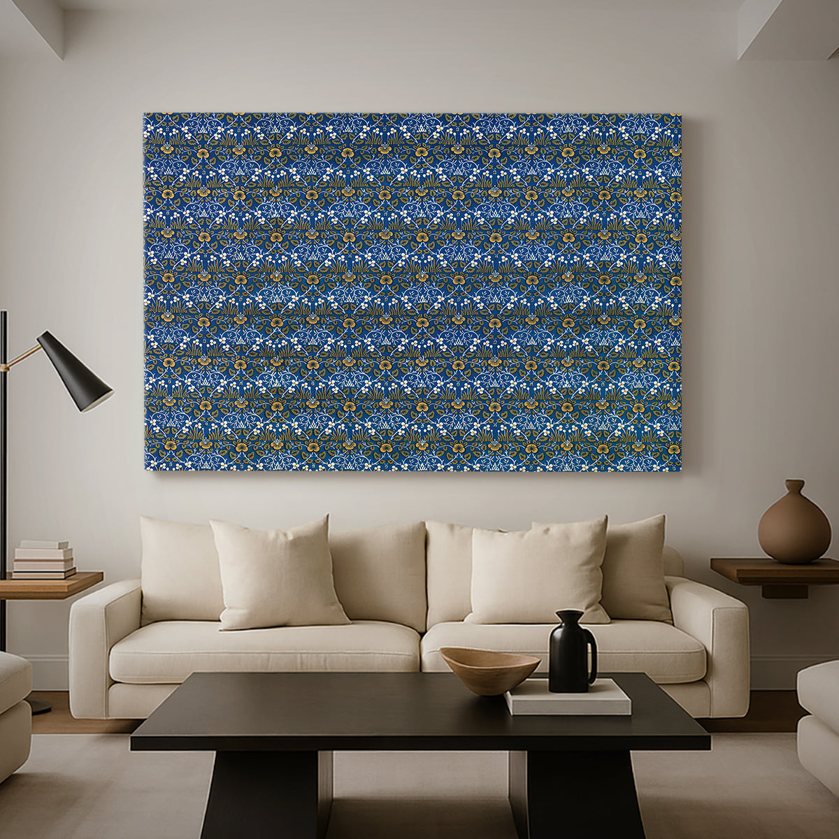 Canvas art print featuring a patterned composition with repeating tiny floral motifs, displayed in a spacious living room
