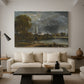 Canvas art print featuring a countryside scene with architecture, displayed in a spacious living room