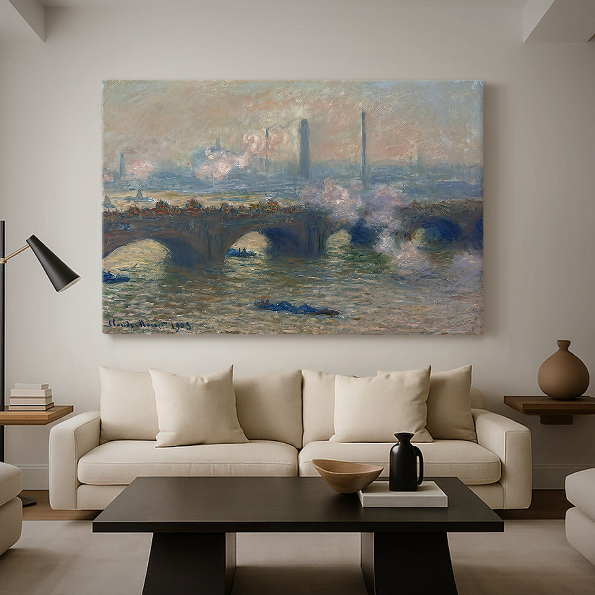 Canvas art print featuring a river and bridge scene with diffused light and urban backdrop, displayed in a spacious living room