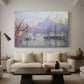 Canvas art print featuring a pointillist port activity, displayed in a spacious living room