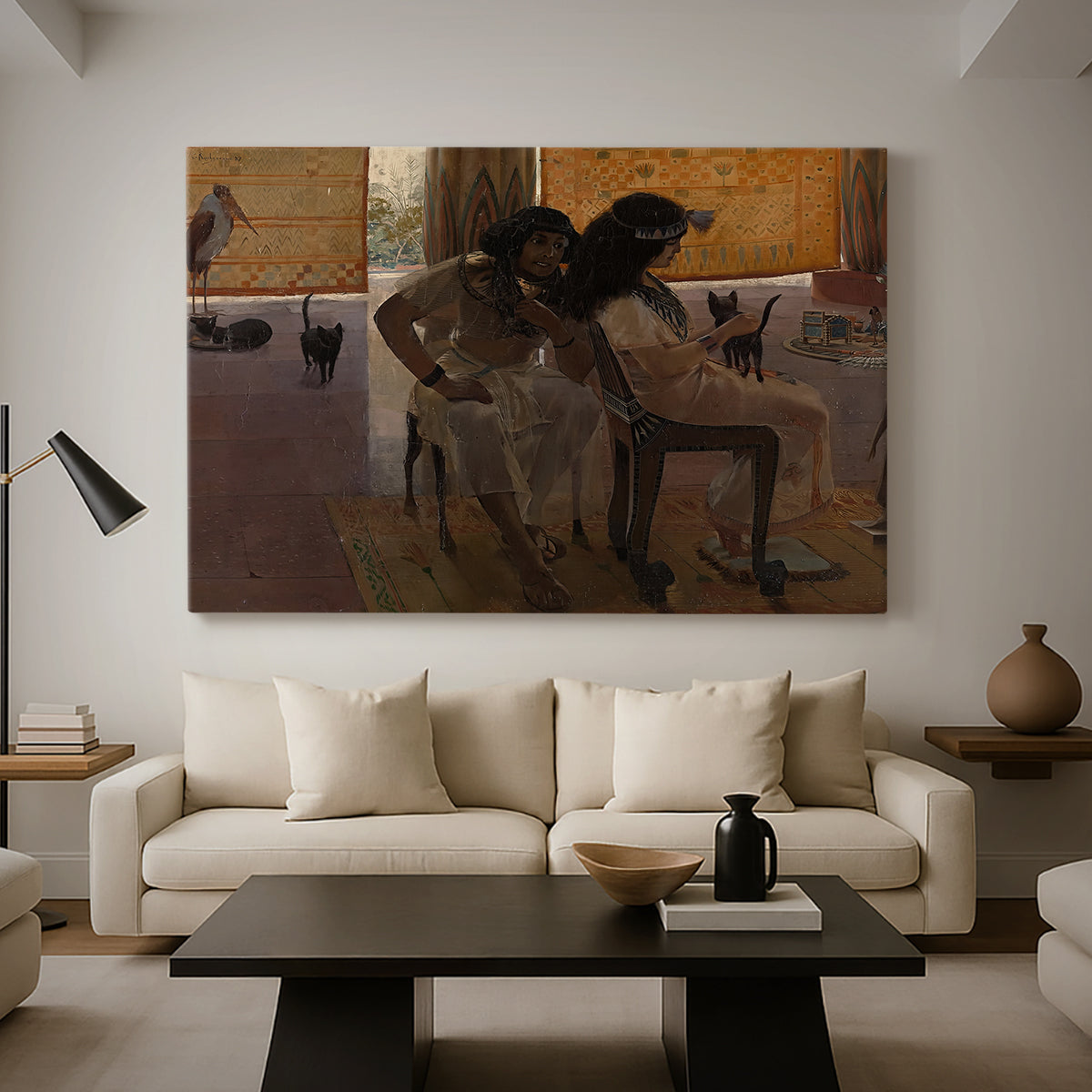 Canvas art print featuring a decorative composition with people in classical Egyptian attire, displayed in a spacious living room