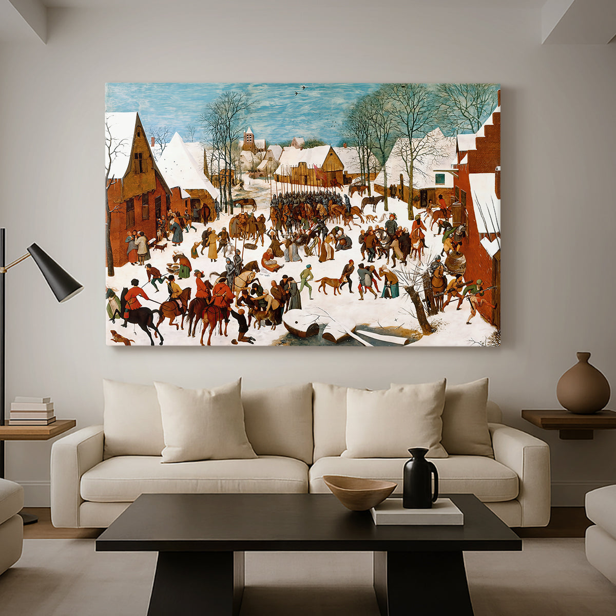 Canvas art print featuring a crowded scene with intense interaction and movement, displayed in a spacious living room