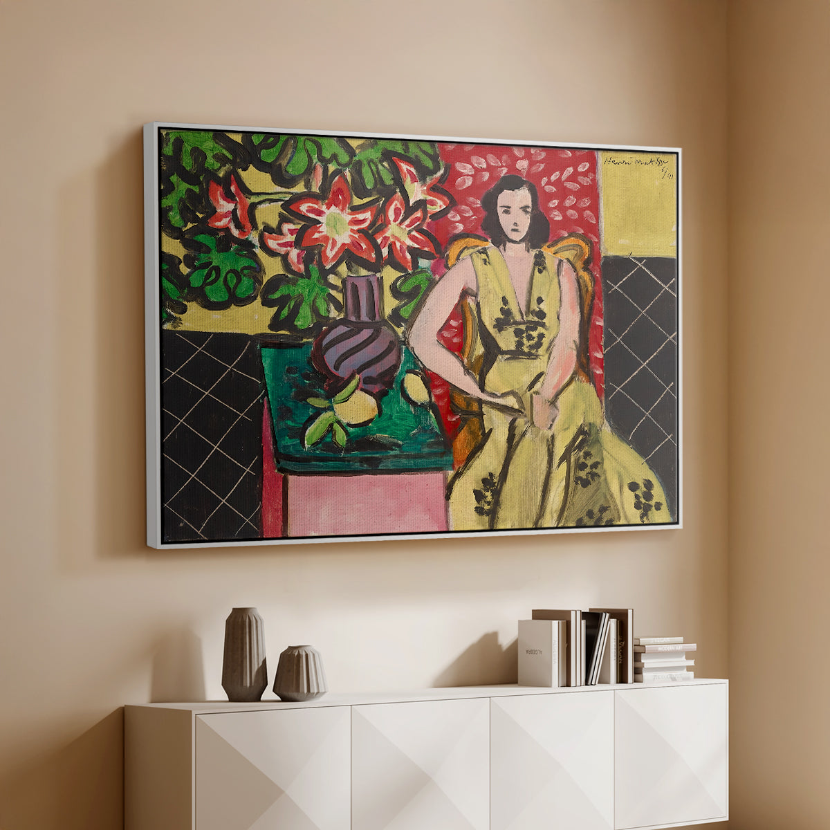 Seated Woman with a Vase of Amaryllis, 1941 - Floater Framed Canvas Print