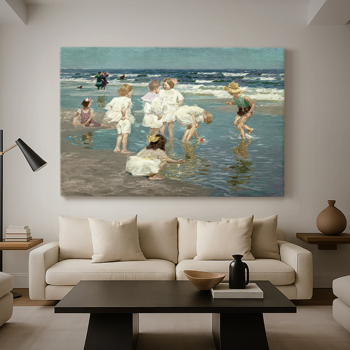 Canvas art print featuring an impressionist coastal view of families enjoying seaside water, displayed in a spacious living room