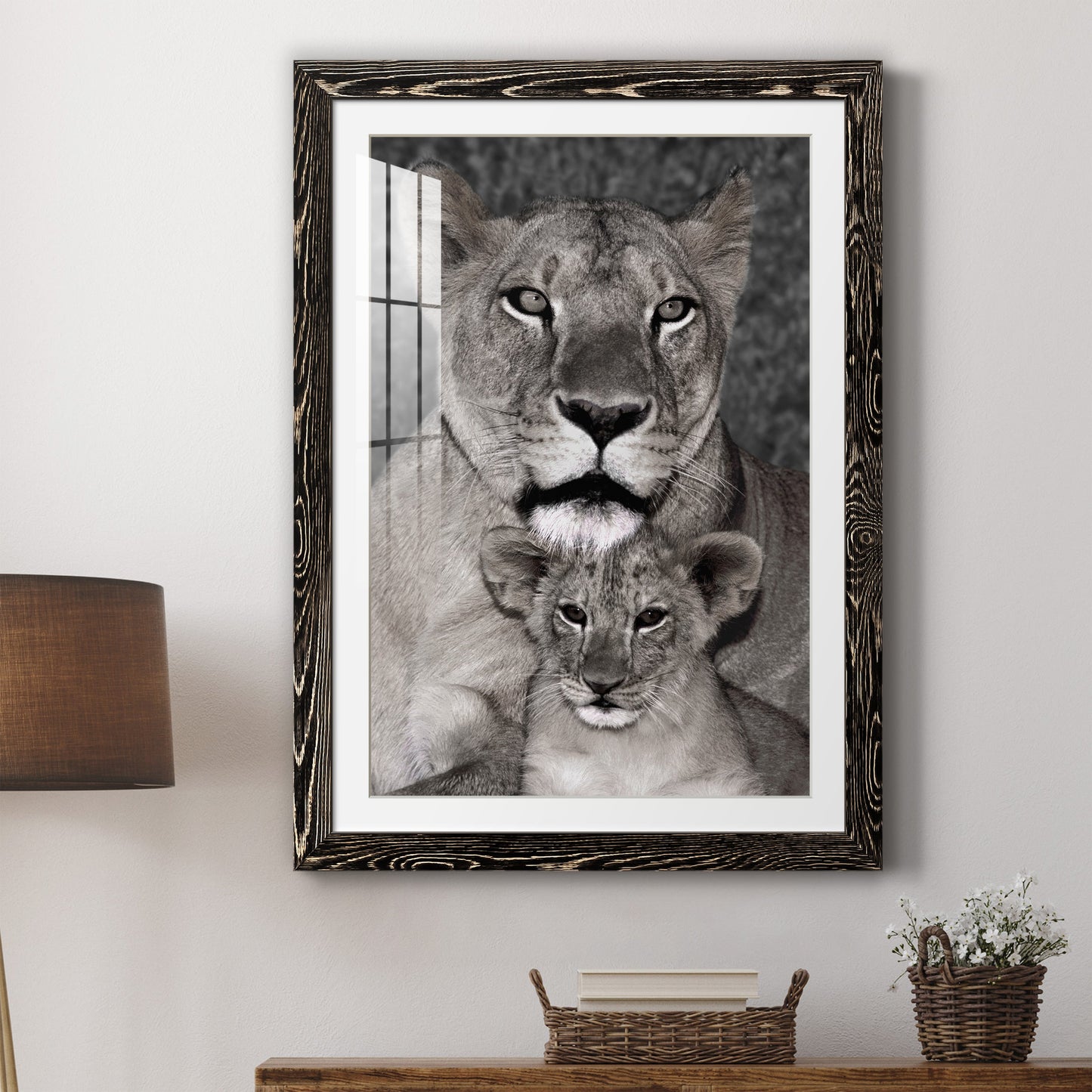 Lioness and Cub - Premium Framed Print - Distressed Barnwood Frame - Ready to Hang