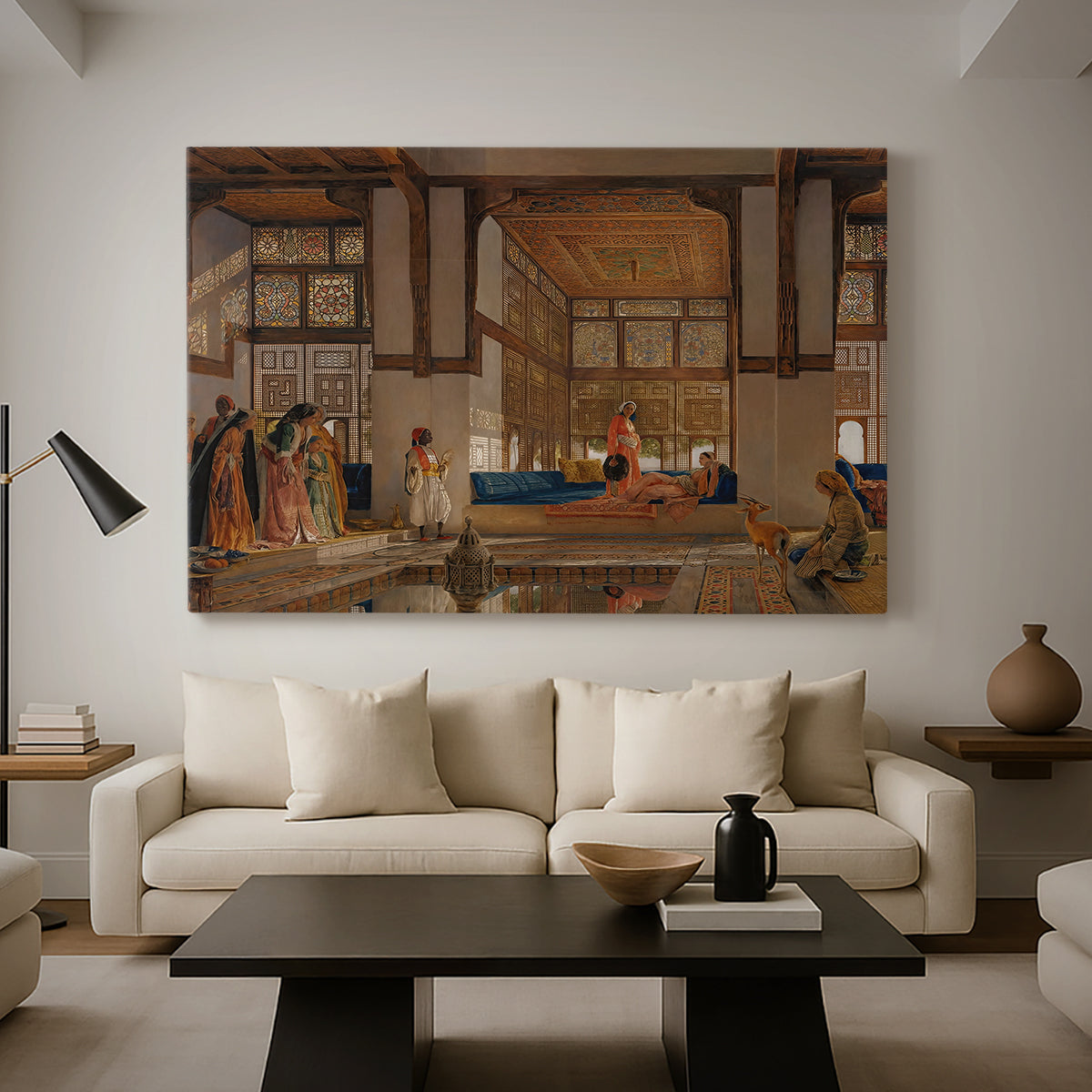 Canvas art print featuring a detailed interior with social interaction, displayed in a spacious living room