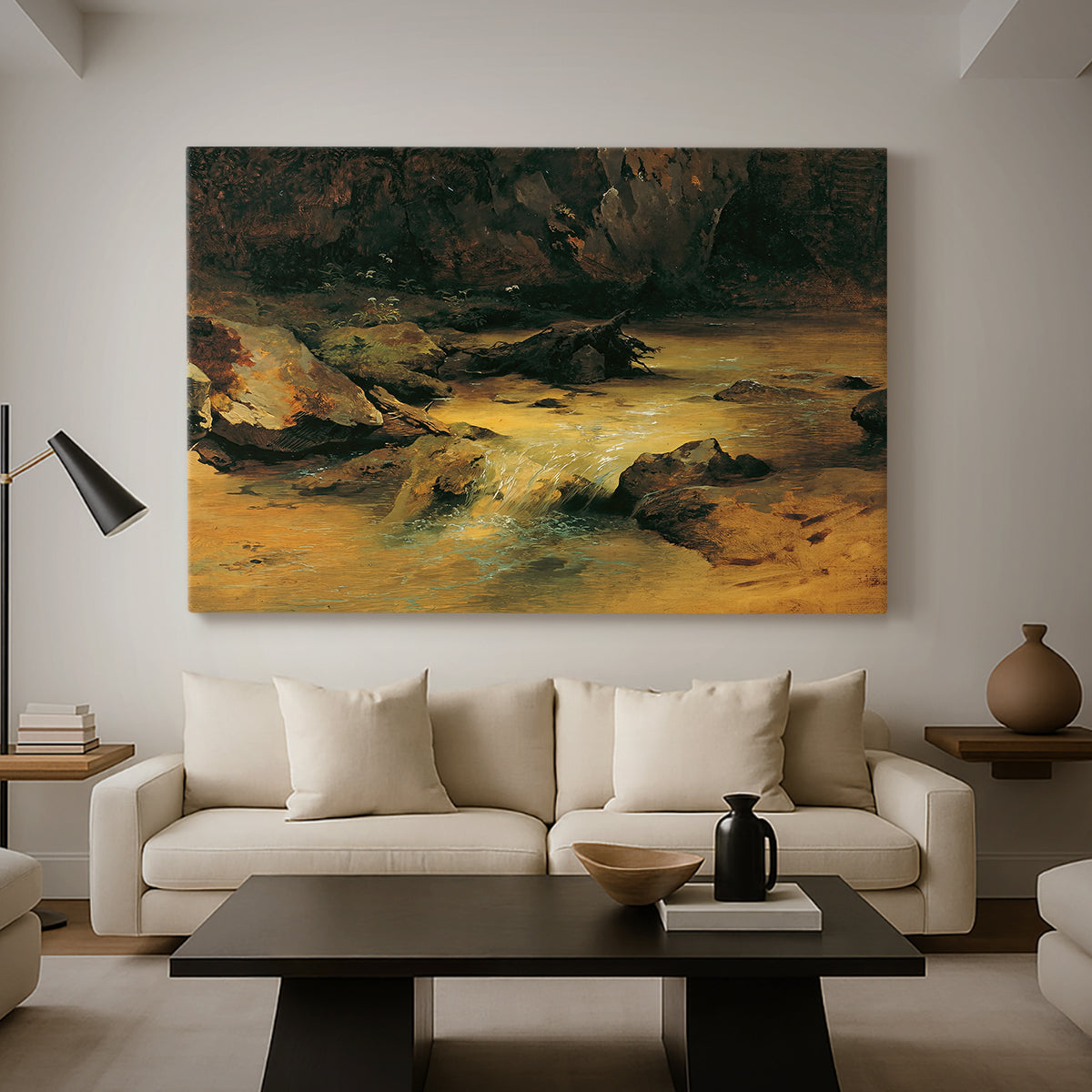 Canvas art print featuring a natural landscape with moving water, displayed in a spacious living room