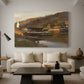 Canvas art print featuring a waterfront setting with village structures and reflections, displayed in a spacious living room
