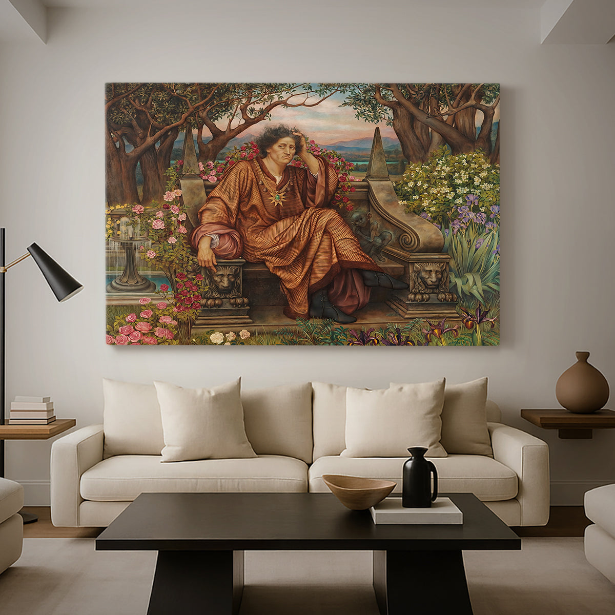 Canvas art print featuring a symbolic depiction of soul in anguish amid chaotic forms, displayed in a spacious living room