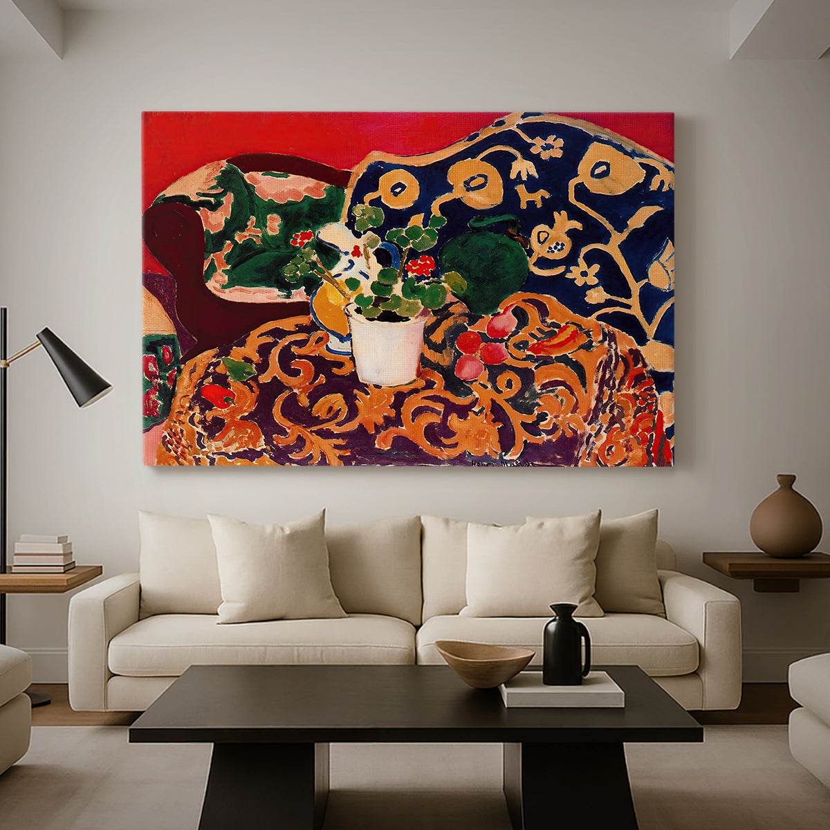 Canvas art print featuring a Fauvist still life filled with decorative pattern and objects, displayed in a spacious living room