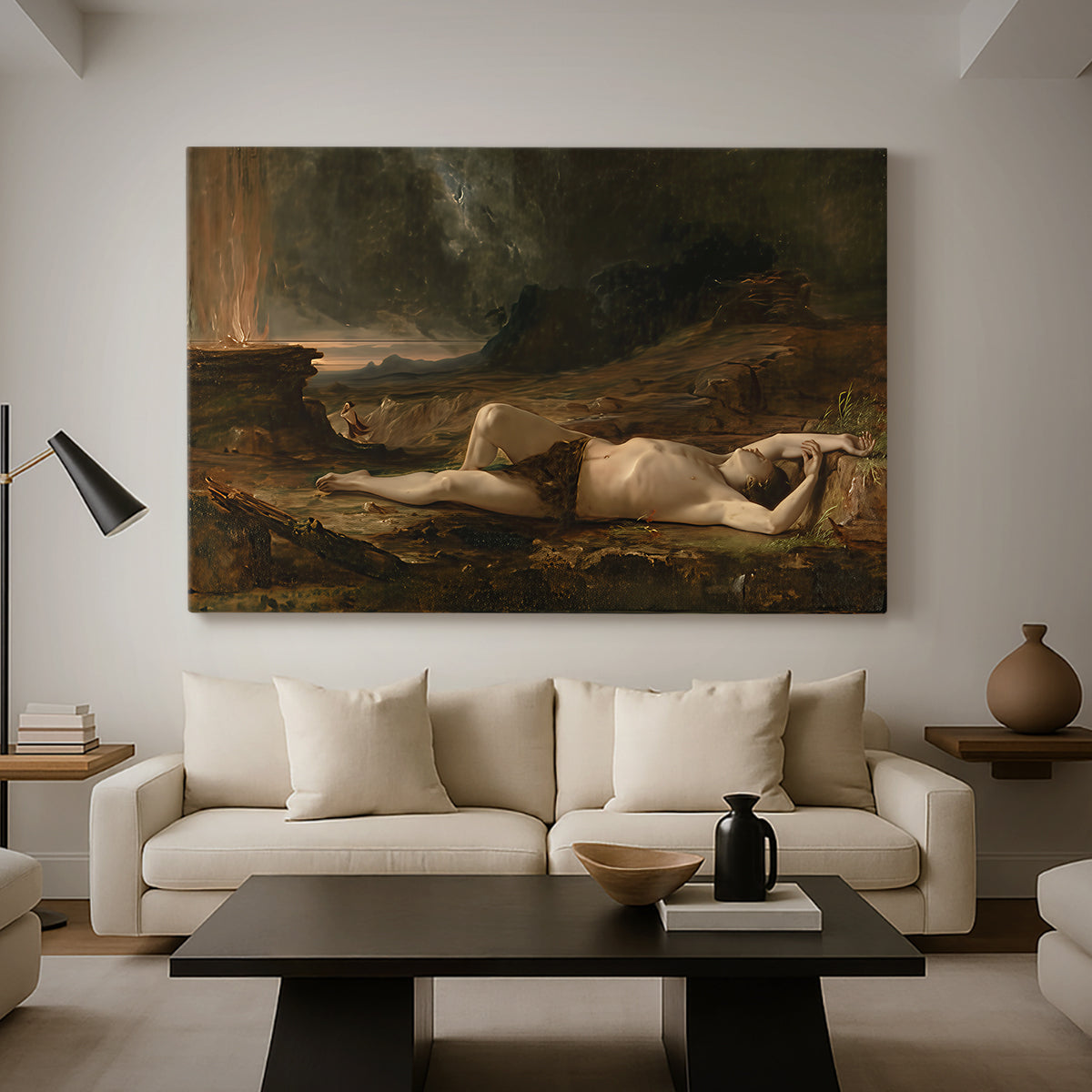 Canvas art print featuring a dramatic composition emphasizing stillness and loss, displayed in a spacious living room