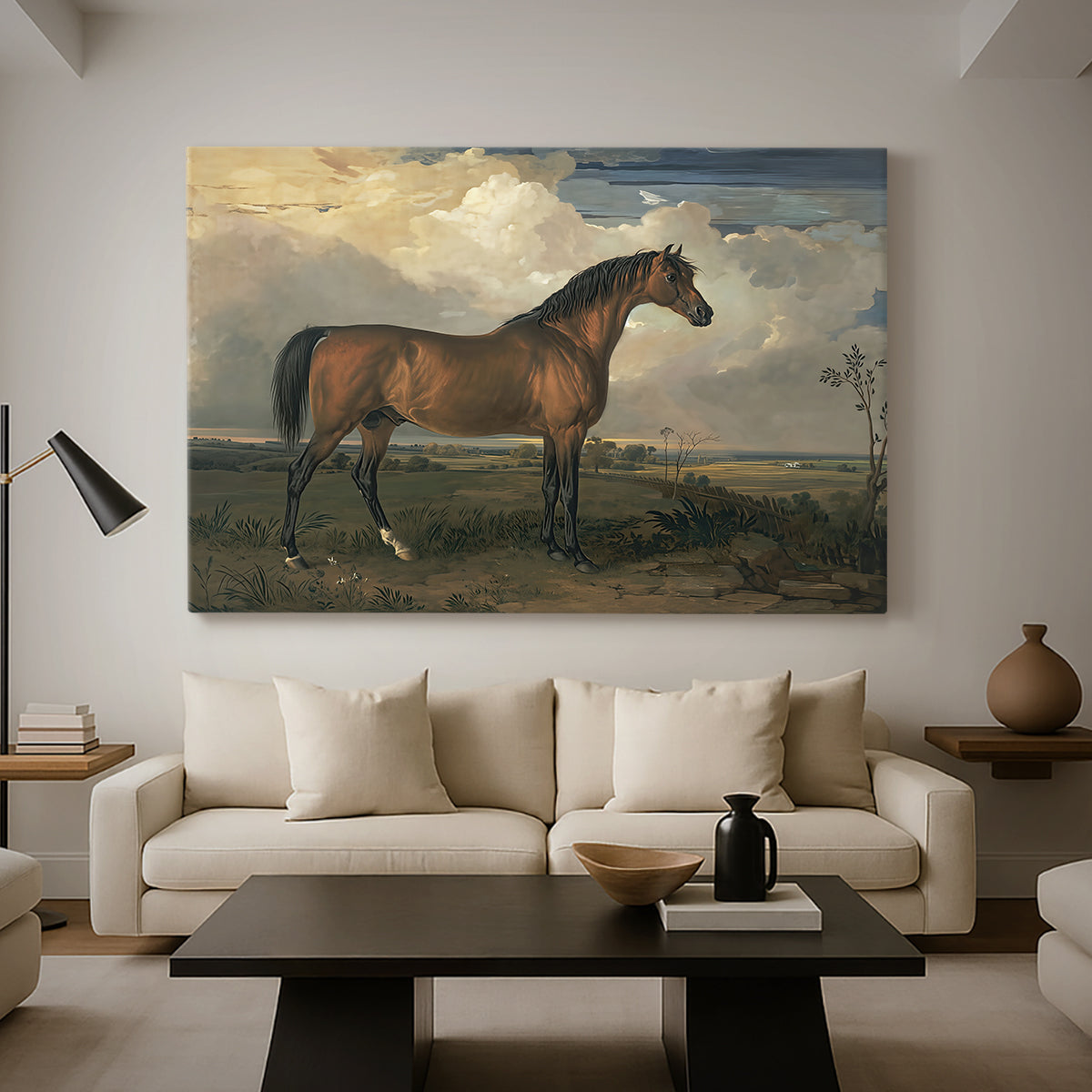Canvas art print featuring a realistic depiction of horse with emphasis on form, displayed in a spacious living room