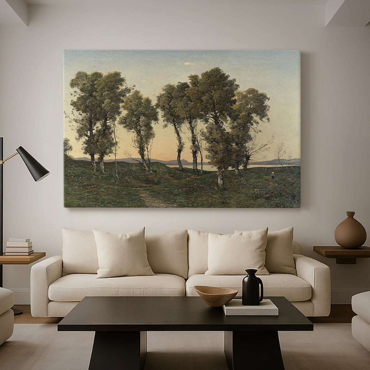 Canvas art print featuring a countryside scene at dusk with trees and soft horizon, displayed in a spacious living room