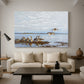 Canvas art print featuring a realistic wildlife scene of geese in calm outdoor environment, displayed in a spacious living room