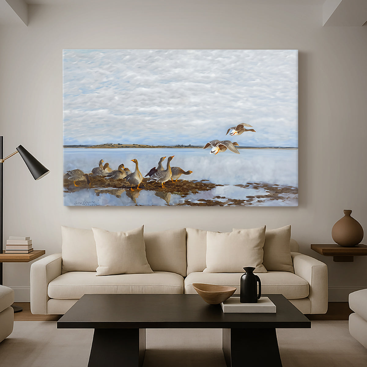 Canvas art print featuring a realistic wildlife scene of geese in calm outdoor environment, displayed in a spacious living room