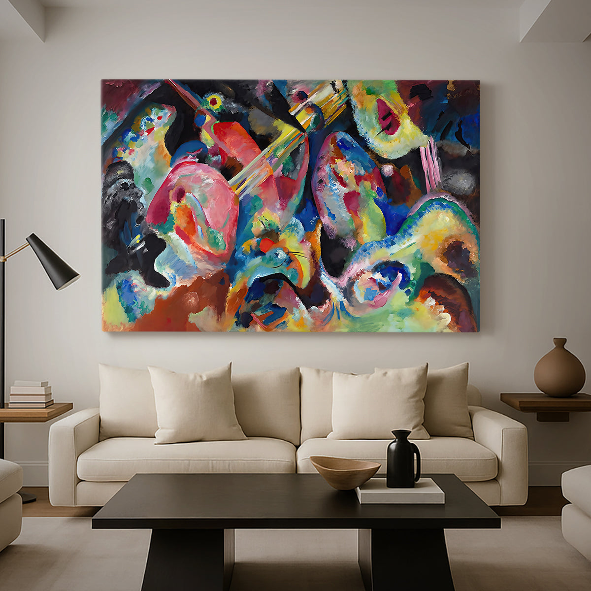 Canvas art print featuring a dynamic composition emphasizing intensity and visual disorder, displayed in a spacious living room
