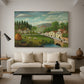 Canvas art print featuring a pastoral setting with water, figures, and greenery, displayed in a spacious living room