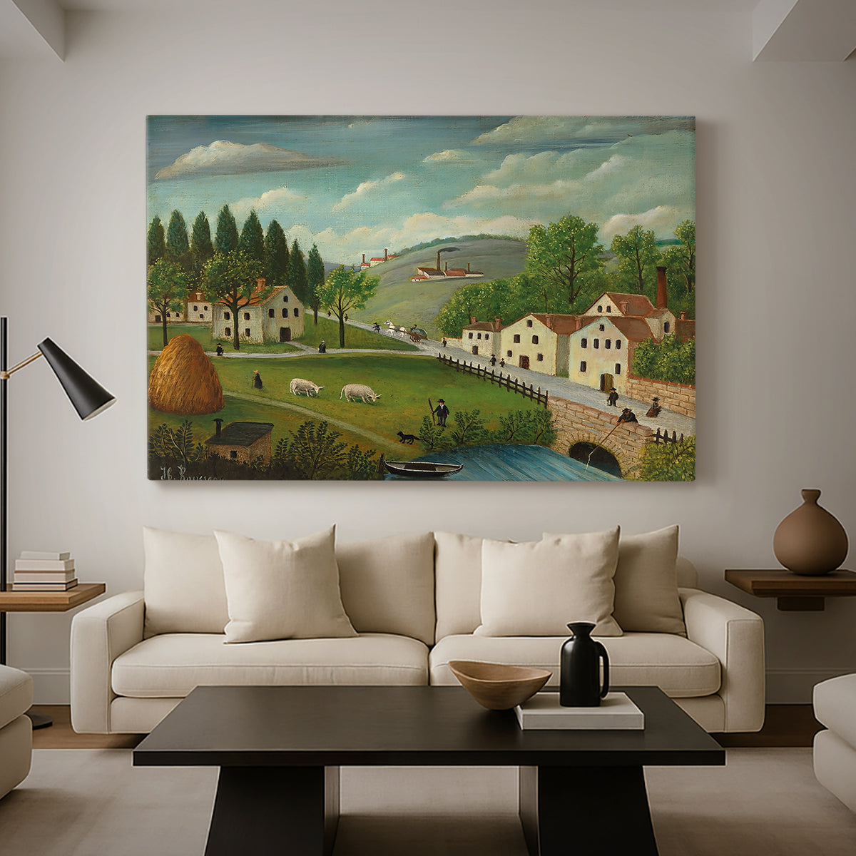 Canvas art print featuring a pastoral setting with water, figures, and greenery, displayed in a spacious living room