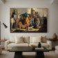 Canvas art print featuring a narrative depiction before king, displayed in a spacious living room