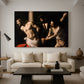Canvas art print featuring a biblical depiction of men whipping Christ tied to pillar, displayed in a spacious living room