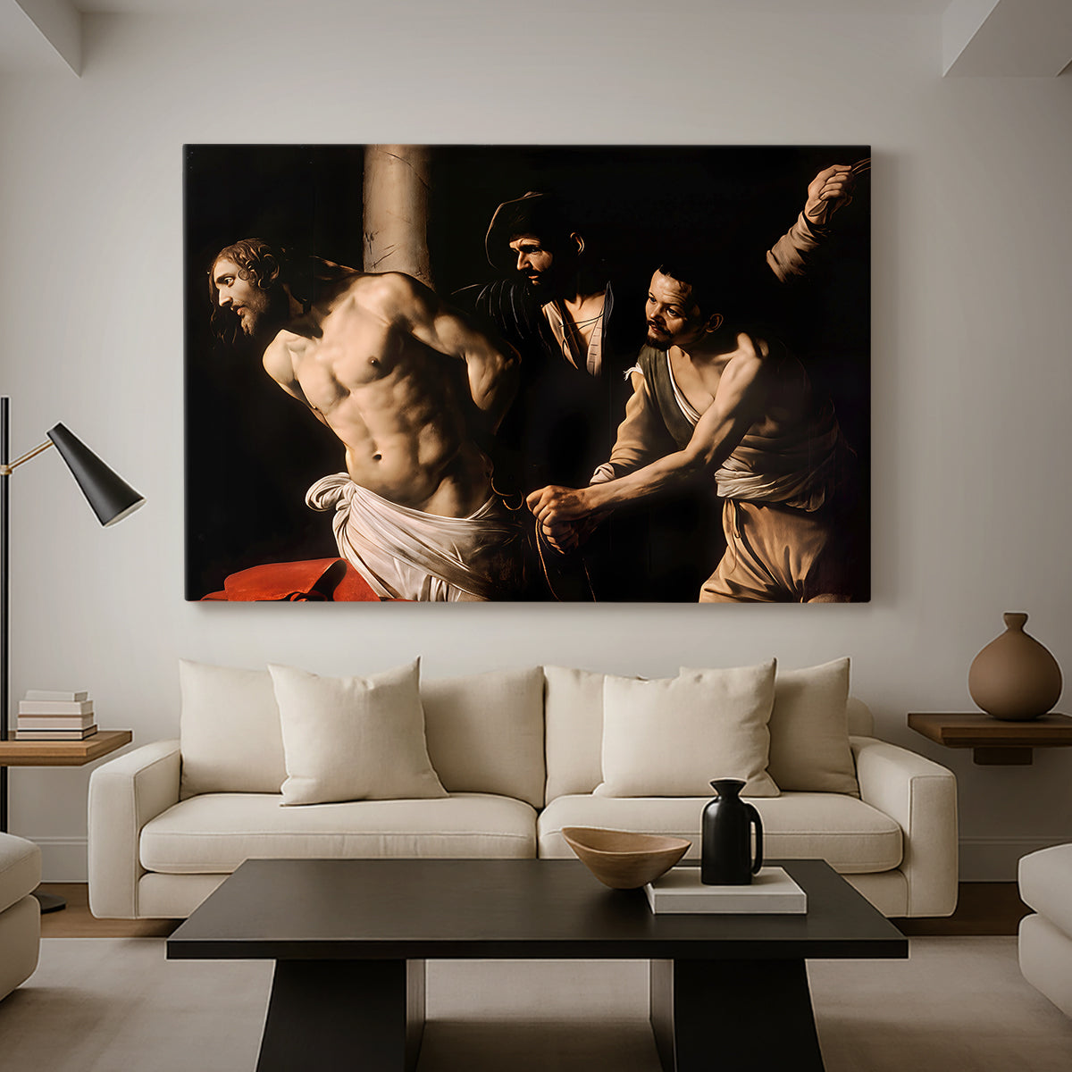 Canvas art print featuring a biblical depiction of men whipping Christ tied to pillar, displayed in a spacious living room