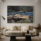 Canvas art print featuring a natural composition with river and distant shoreline, displayed in a spacious living room