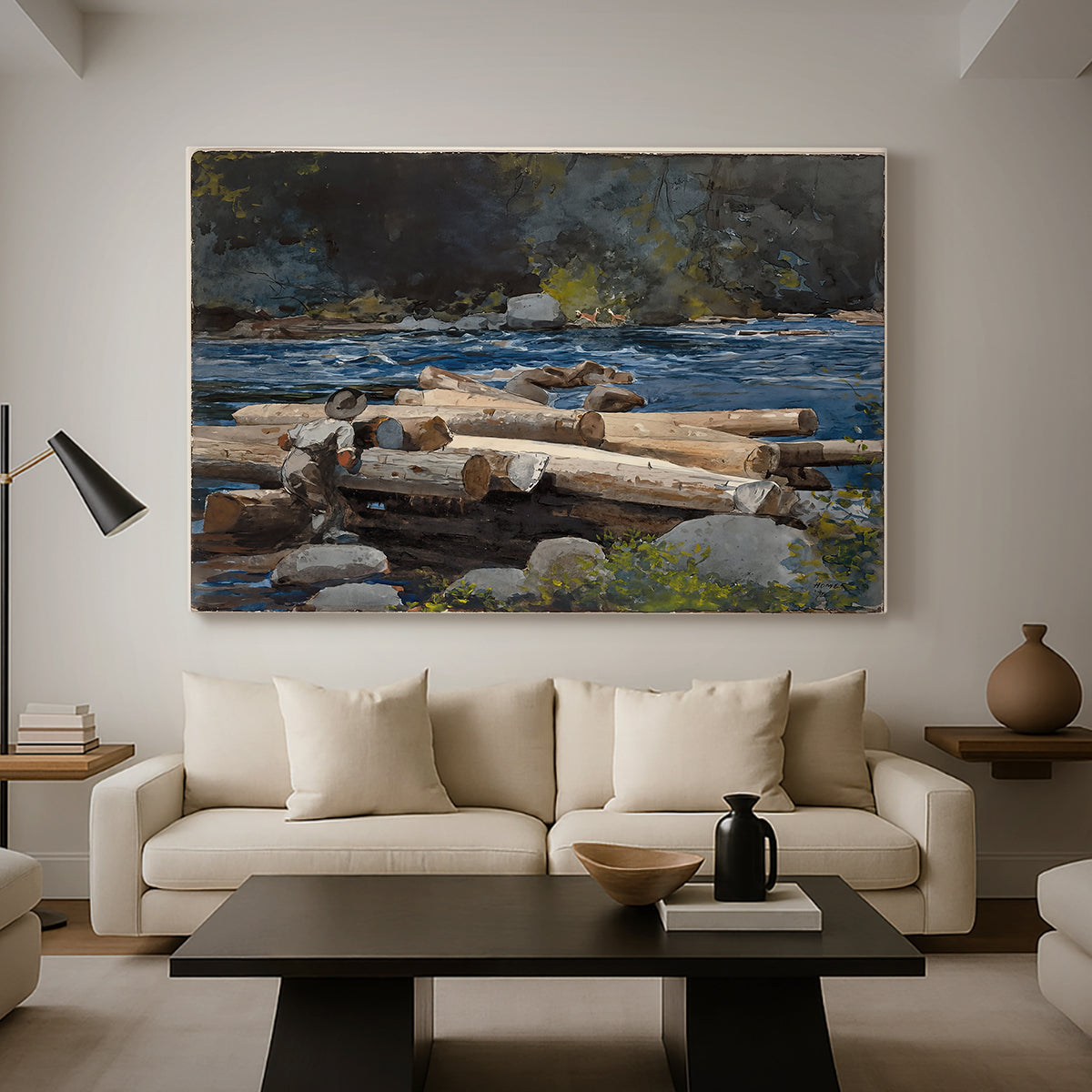 Canvas art print featuring a natural composition with river and distant shoreline, displayed in a spacious living room